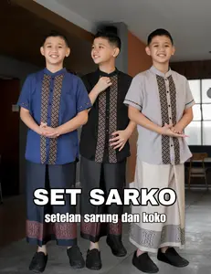SARKO Setelan Anak Baju Koko Lengan Pendek dan Sarung Instan Katun Vito Santri Muslim