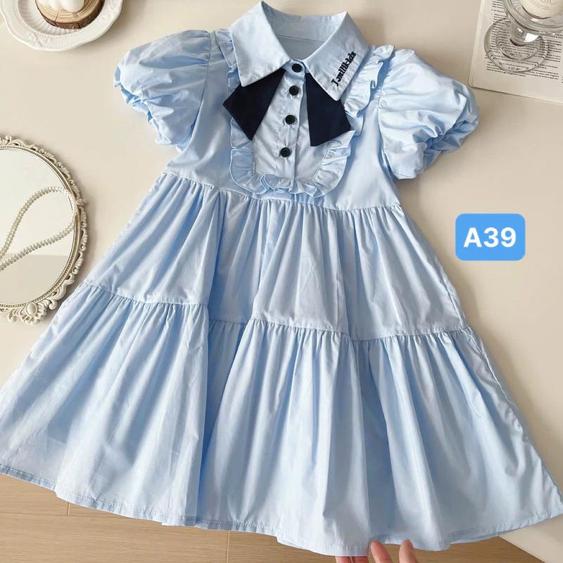   8-35kg -Dung Kids 02 - A39 Váy xanh Cổ sơ mi bèo thêu tay phồng tiểu thư cho bé gái 