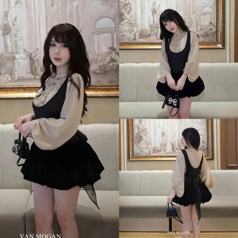 SYX680 Sét Yếm Bí Mix Áo Sơ Mi Cổ Sen Bigsize Kim Ngân S M L XL XXL