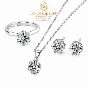 Bộ trang sức nữ màu bạc đính đá lấp lánh gồm dây chuyền, nhẫn, bông tai, phụ kiện thời trang sang trọng, đi tiệc, hẹn hò, quà tặng bạn gái