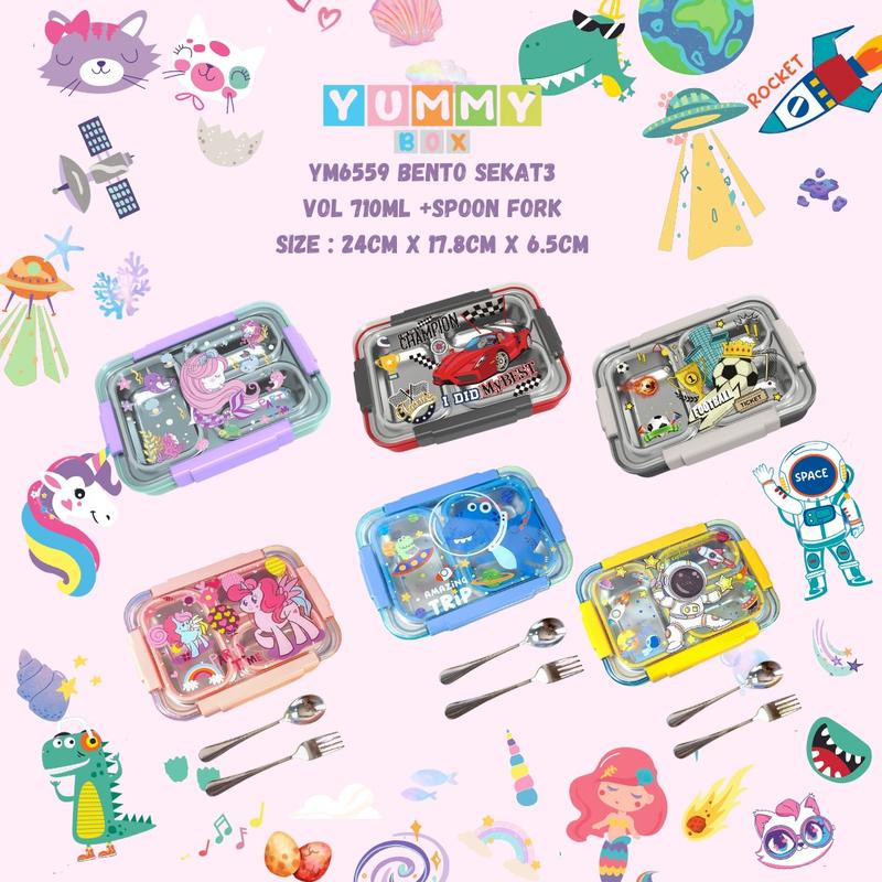 Kiddikiddo Set LUNCHBOX STAINLESS Steel YUMMY BOX SANRIO / KOTAK MAKAN Plastik /BOX BENTO/KOTAK BENTO STAINLESS SANRIO KUROMI MELODY / 3SEKAT Silicon FREE SENDOK GARPU 5