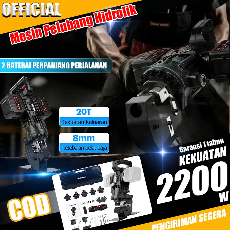 Baifun Mesin Pelubang Hidrolik Elektrik 2 Baterai 2200W Cocok Untuk Melubangi Pelat Saluran & Sudut 20T