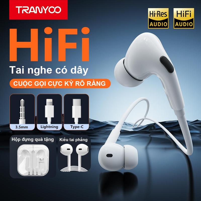 TRANYOO Tai Nghe Dây Nhét Tai R12 Chống Ồn Âm Thanh Vòm Chất Lượng Cao Đa Dạng Cổng Kết Nối Lightning/Type-C/Jack 3.5 Earphone Gaming Bảo Hành Nhét Tai Nghe Nhạc tai nghe có dây laptop