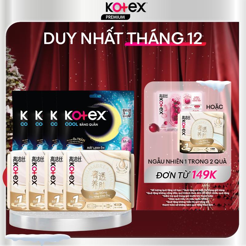 Combo 4 gói Băng Vệ Sinh Kotex Nhập Khẩu Cicada Siêu Mỏng Cánh 24cm 16 miếng + Combo 4 Gói băng vệ sinh Kotex Dạng Quần Cool cỡ M L 2 Miếng
