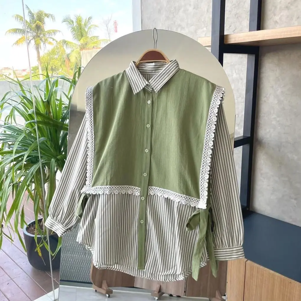Blouse Laila kekinian Kemeja Salur Wanita katun Premium Mix Shakila Atasan Variasi Renda