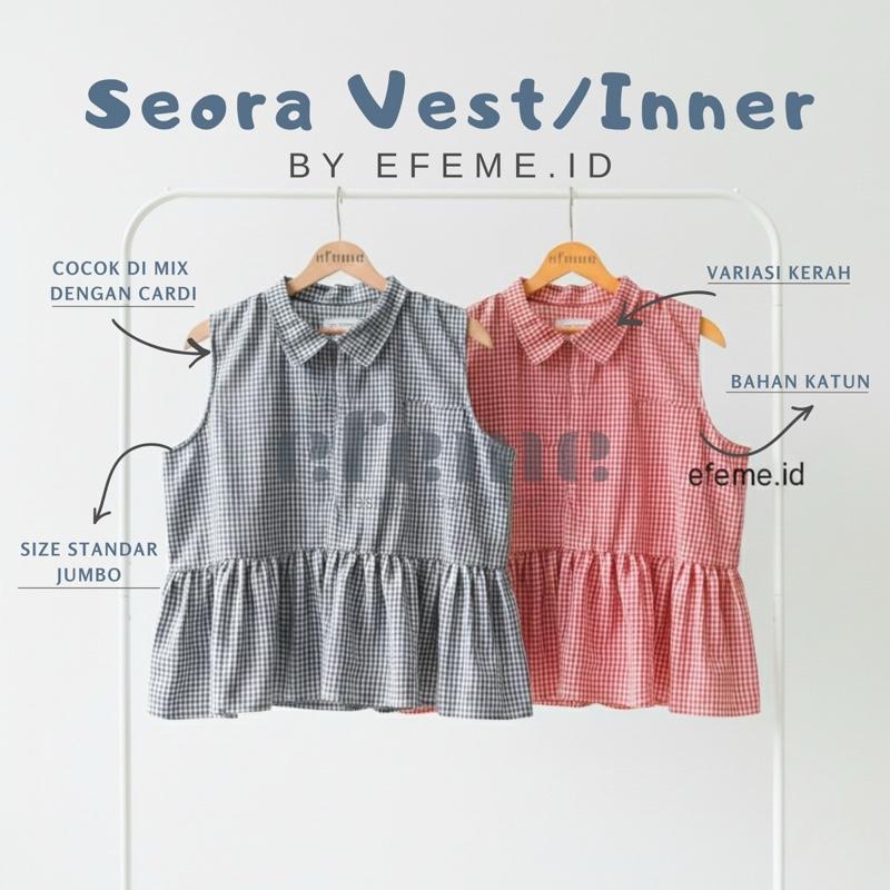 Efeme-Seora Vest Inner Sleeveless-Top Inner Cardigan Peplum Stripe Gingham Rompi Blouse Outer Top Balon Atasan Wanita Korean Style Casual Katun