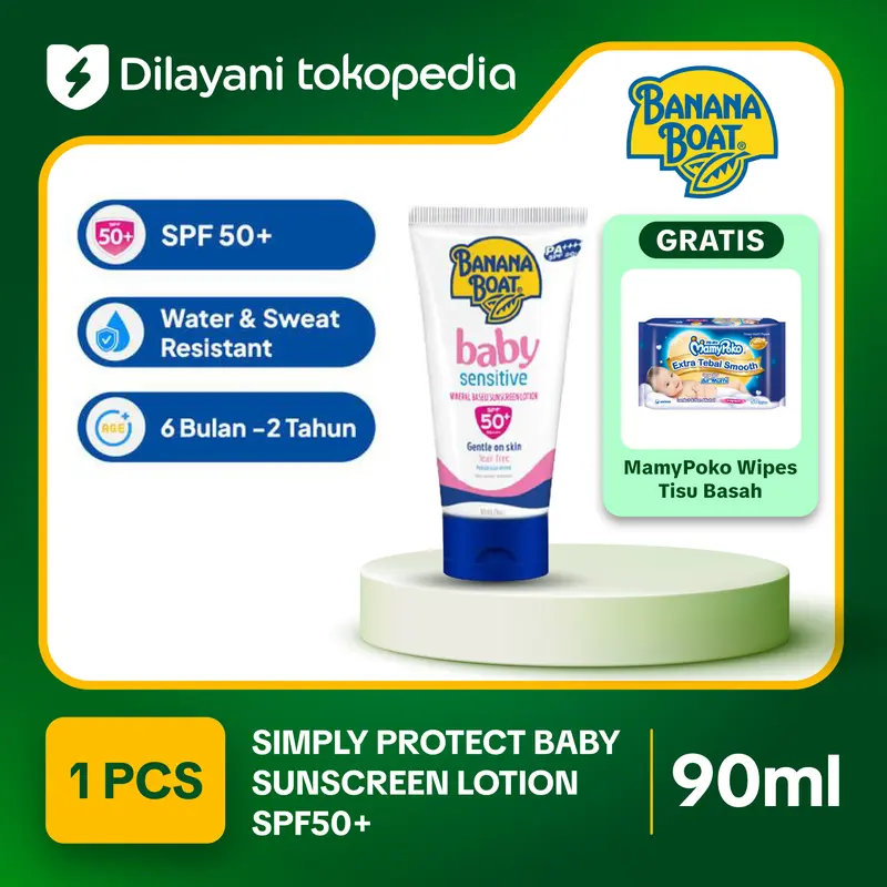 Banana Boat Baby Sensitive Mineral Sunscreen Anak Lotion SPF 50+ 90 ml - Free Gift Mamypoko Wipes Tisu Basah 0