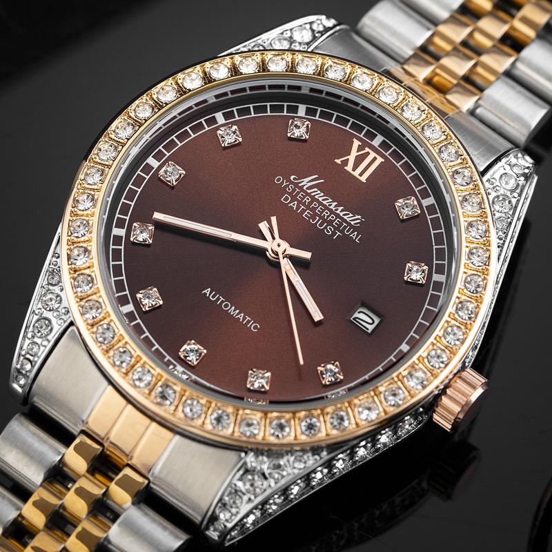 ĐỘC QUYỀN HÙNG LUXURY .VN - N380 - Đồng Hồ Nam Cơ Mmassati – Mặt Nâu Ánh Ngọc Viền Đính Đá Pha Lê Sang Trọng Dây Thép Không Gỉ Cao Cấp