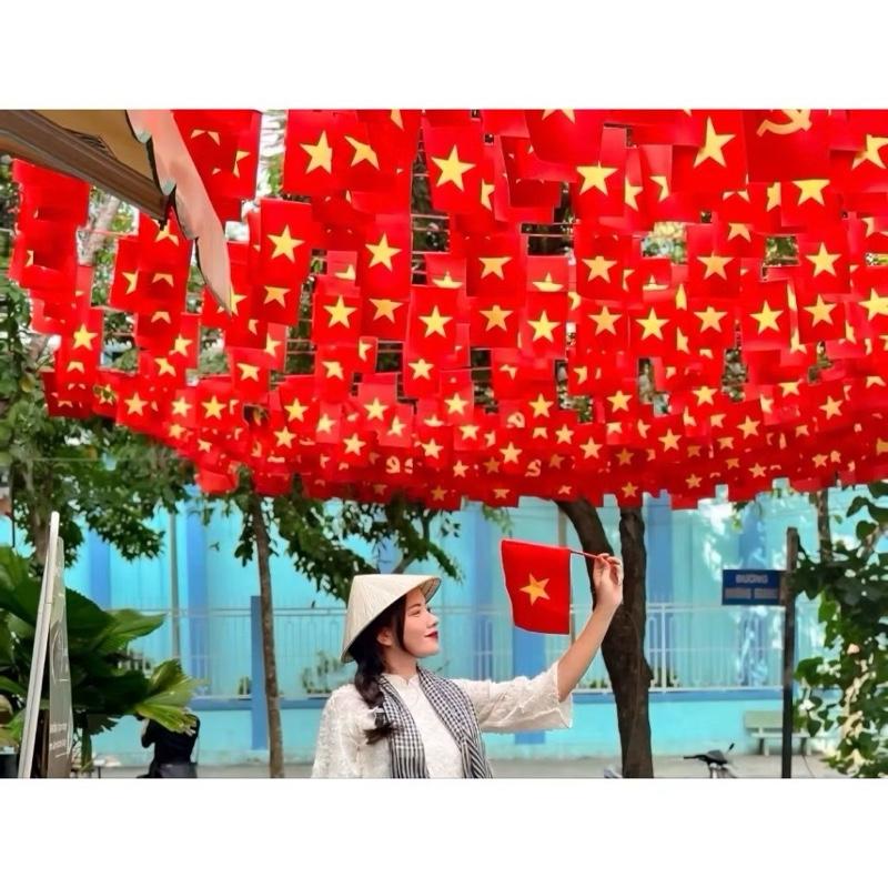 Cờ dây Sao Tổ Quốc In 2 mặt Vải satanh dày dặn chịu nắng mưa, cờ xen kẽ Sao Đảng treo trang trí