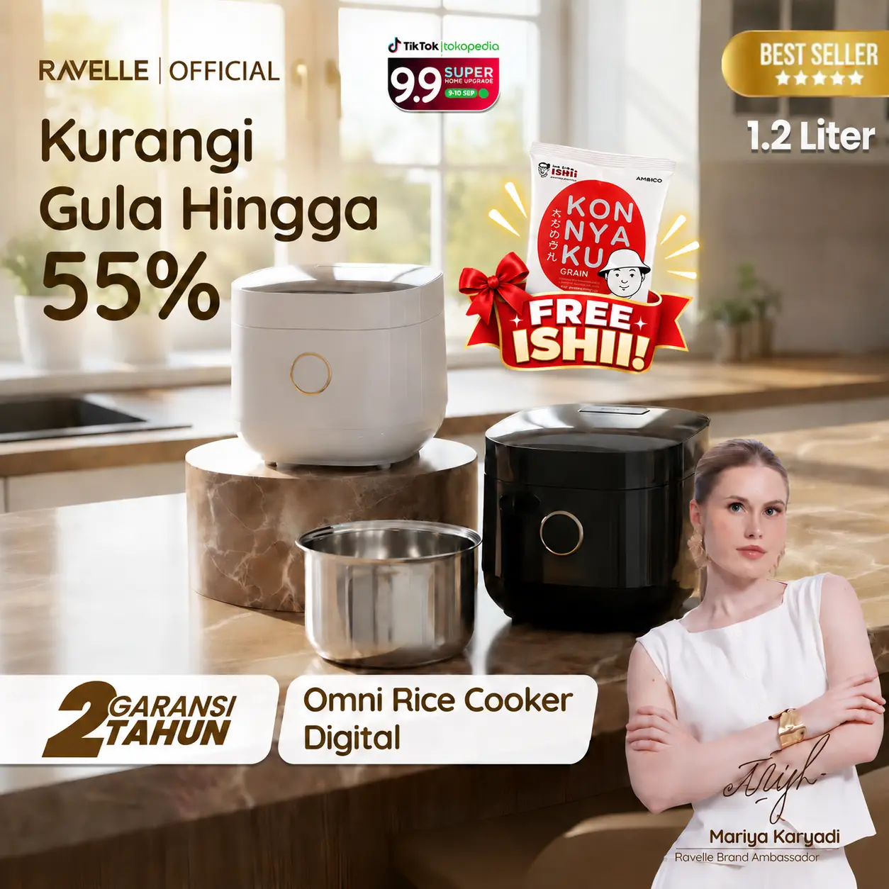 Ravelle Omni Rice Cooker Digital Low Carbo 1.2L Less Sugar - Stainless Steel Inner Pot Low Watt