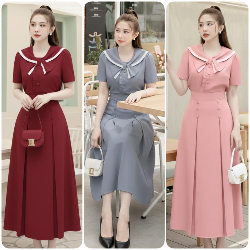 Set Đầm Váy Dáng Dài Bigsize 50-95kg Phối Áo Tay Ngắn Cổ Phối Viền Bèo Thắt Nơ Thiết Kế Dự Tiệc Nữ Cao Cấp Xinh Đẹp Dress