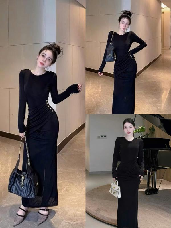  SM - Đầm ôm body cổ tròn tay dài nhún eo che bụng đính nút bên sườn dáng dài tôn eo hack dáng - Thun ladong 09 Váy boby  váy body nữ  váy xinh  váy đi tiệc  váy đi biển 