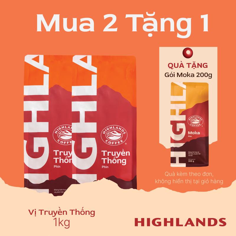 Mua 2 tặng 1. Voucher 100K cho đơn từ 1299K COMBO 2 Túi Cà Phê Truyền Thống Highlands Coffee 1kg tặng 01 gói Moka 200g 145K. Cafe pha phin đen đá sữa đá vị đậm đà nguyên bản chất Việt