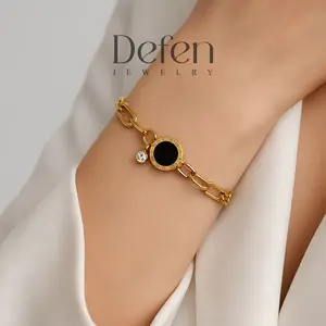 Defen Jewelry - Gelang Rantai Titanium Wanita Anti Luntur Perhiasan Cewek Mewah Motif Bulat Hitam Permata Anti Karat  Model Ruby 446