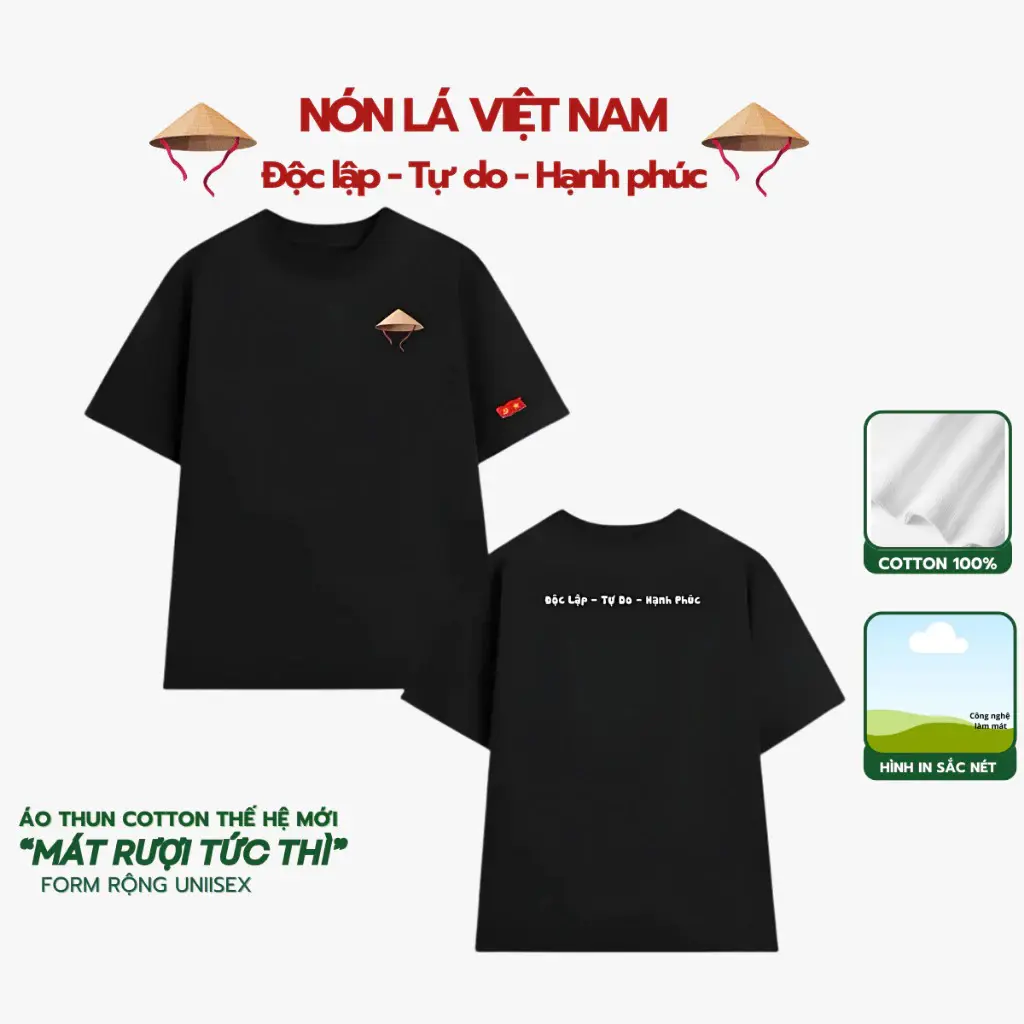 Áo Thun Nón Lá Độc Lập, Tự Do, Hạnh Phúc Cổ Tròn Form Rộng Chất Liệu Cotton Premium Định Lượng 250GSM Nam Nữ