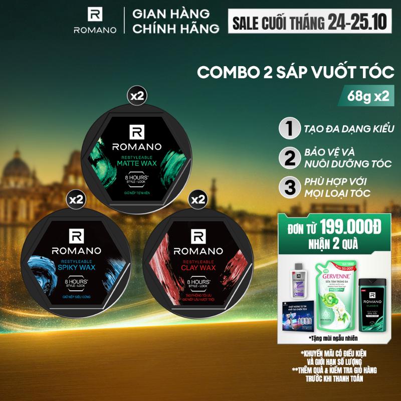 Combo 2 Wax tạo kiểu tóc Dưỡng Tóc khóa nếp suốt 8 giờ - Công nghệ Style-lock cho nam Romano Restyleable 68g/hộp