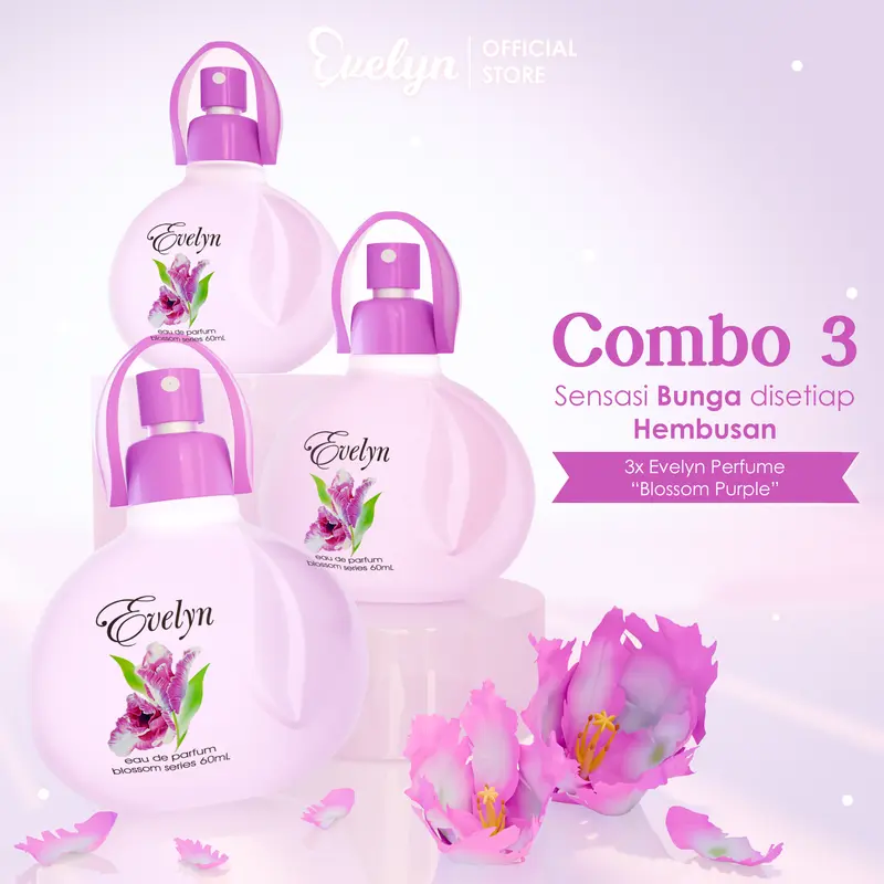 Combo 3 Evelyn Eau De Parfume Blossom Purple 60ml Parfum Wanita / Parfume Travel Size / Minyak Wangi