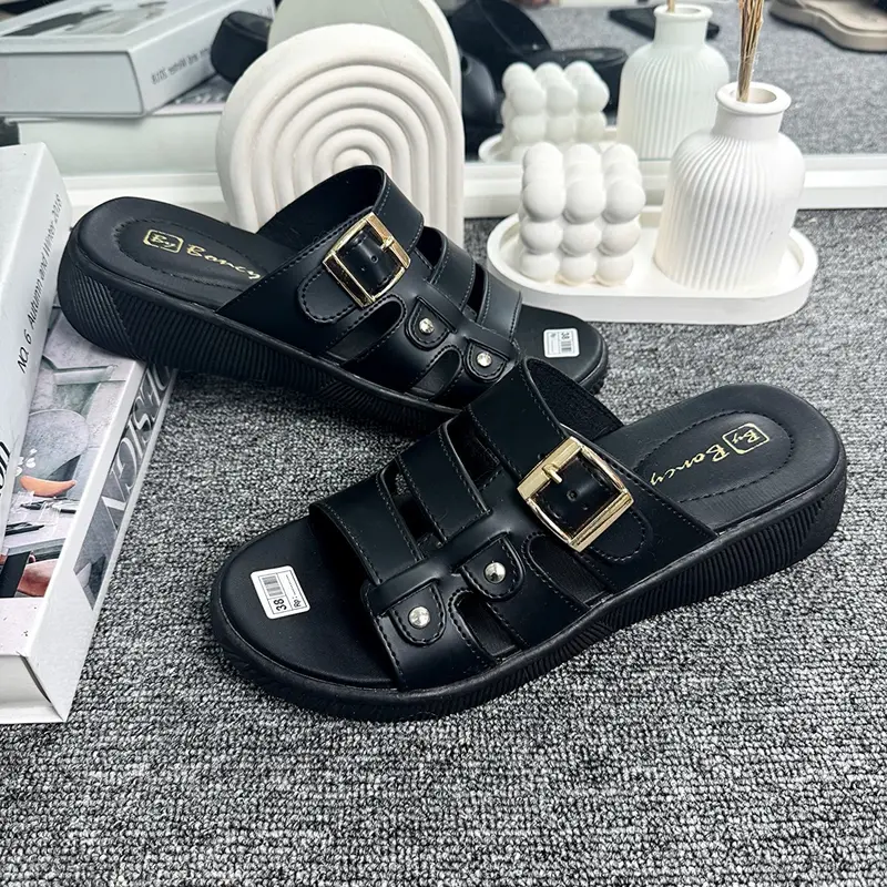 Sandal wedges wanita dewasa terbaru kekinian sendal selop kondangan acara formal Hitam Karet 4