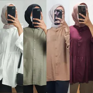 Weargalu atasan kemeja wanita lengan panjang polos polo linen Baju Basic Kerah Nyaman