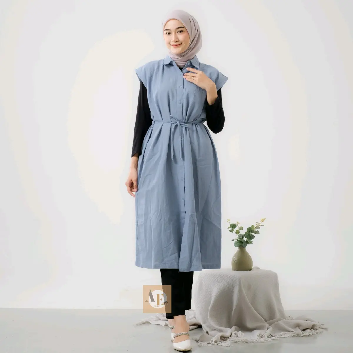 Hanum Overall Dress Outer Polos Jumpsuit Wanita Look korean Style Linen Angel Full Kancing Busui Friendly Berkerah Kemeja