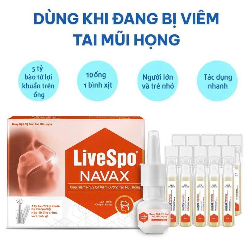 [ Có Tích Điểm ] LiveSpo NAVAX Dạng Xịt Mũi Họng - Mẫu Mới 10 Ống x 4ml - Bào tử lợi khuẩn Probiotics thế hệ mới Nữ