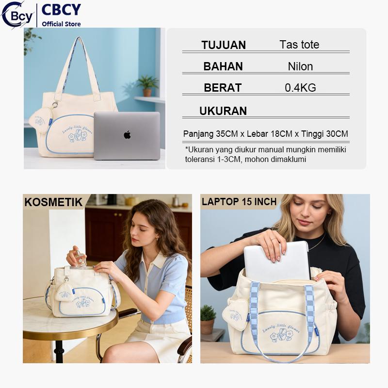 CBCY Tas Tote Anti Air Wanita Putih Bordir 3D Lucu Dilengkapi Dompet Bisa Muat Laptop 14 Inci Tas bahan kain serbaguna sage tote bag