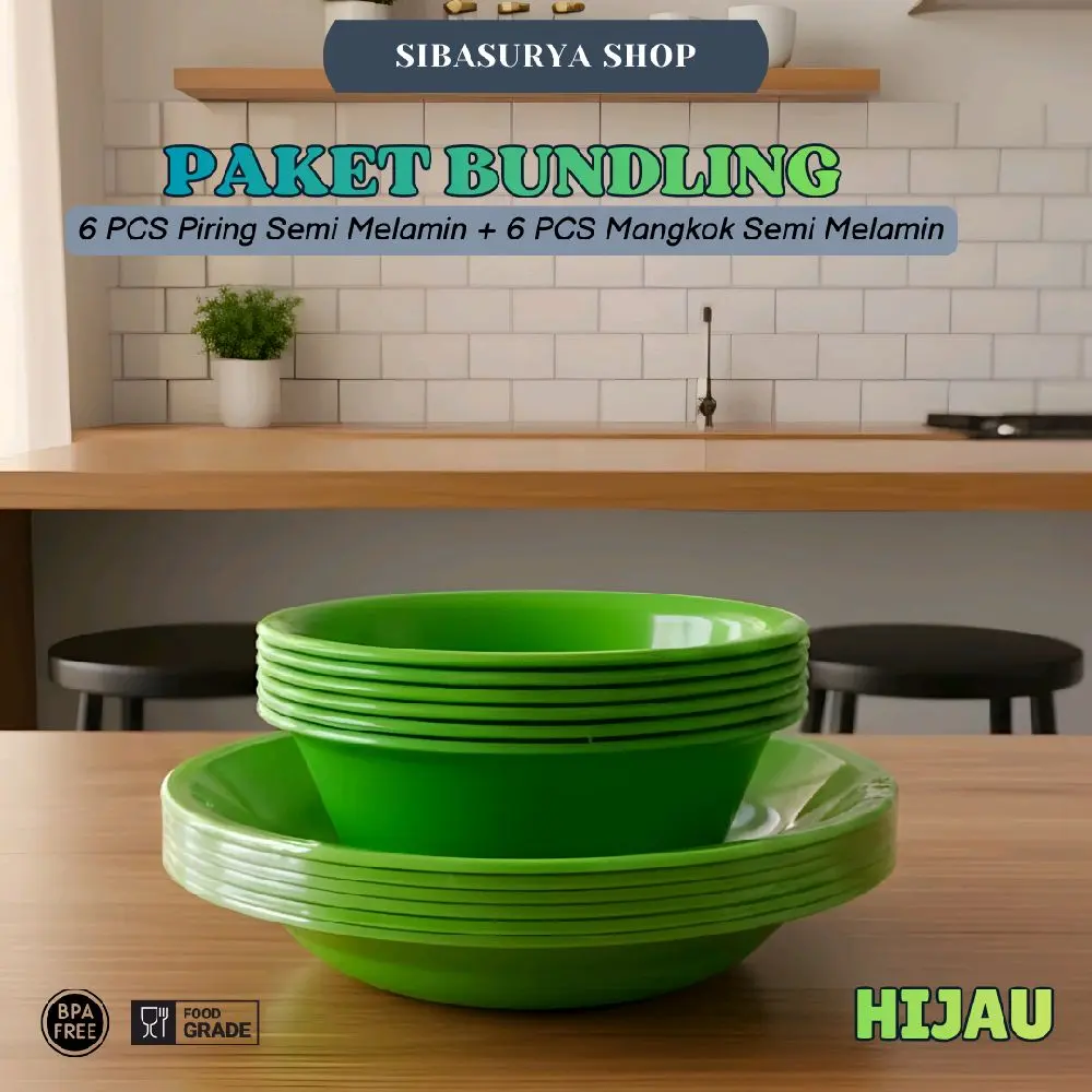 PAKET BUNDLING 1 LUSIN ( 6 PCS PIRING SEMI MELAMIN HIJAU + 6 PCS MANGKOK SEMI MELAMIN HIJAU ) - Bahan Tebal , Berkualitas