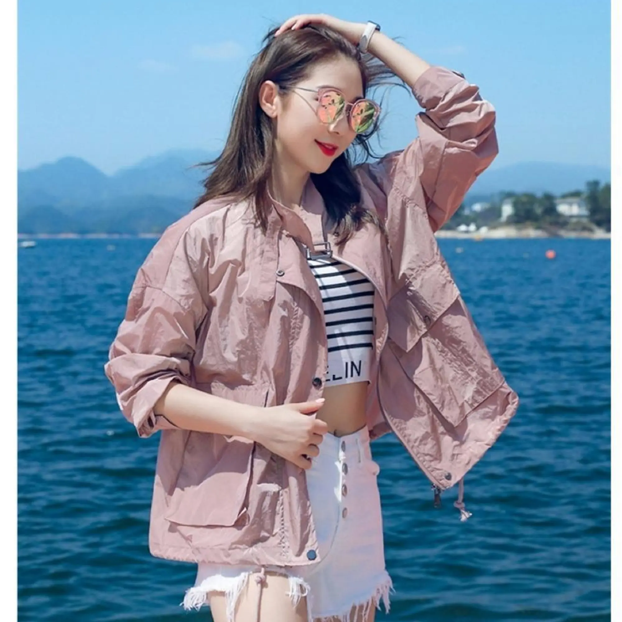[ Ellisa Belted Collar Jacket ] Fit M-2XL Fashion Atasan Wanita Jaket Putih Orange Biru Kuning Kerah Lengan Panjang Sleting Depan Zipper Tali Serut Drawstring Saku Kantong Casual Kasual Elisa