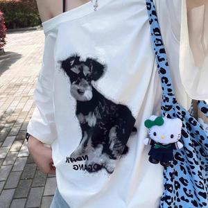 Áo ngắn Tay Cổ Bất Đối Xứng Thiết Kế In Hình Chó Cho Nữ, Áo Thun Ootd Mùa Hè Thường Ngày Áo Cánh Dáng Rộng Sành Điệu, Thích Hợp Mặc Hàng Ngày, 2347 #