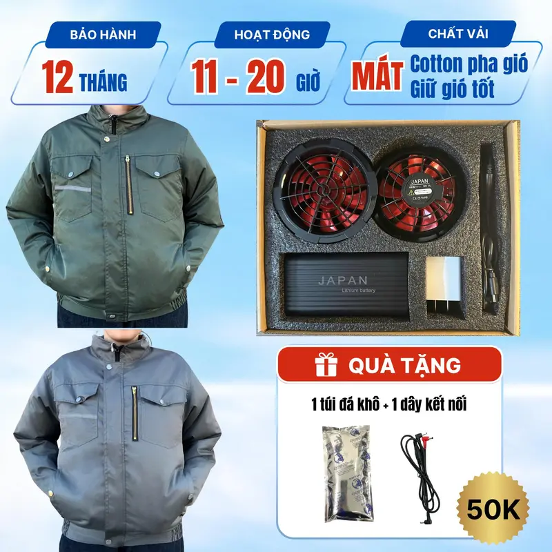 [2 ÁO + 1 BỘ PHỤ KIỆN JAPAN] Combo Áo nắng Điều hòa 2025, Áo quạt gió điều hòa  Pin dung lượng cao sử dụng lên tới 18 tiếng, làm mát, bảo vệ sức khỏe nam,nữ người lao động ngoài trời nắng nóng. 2