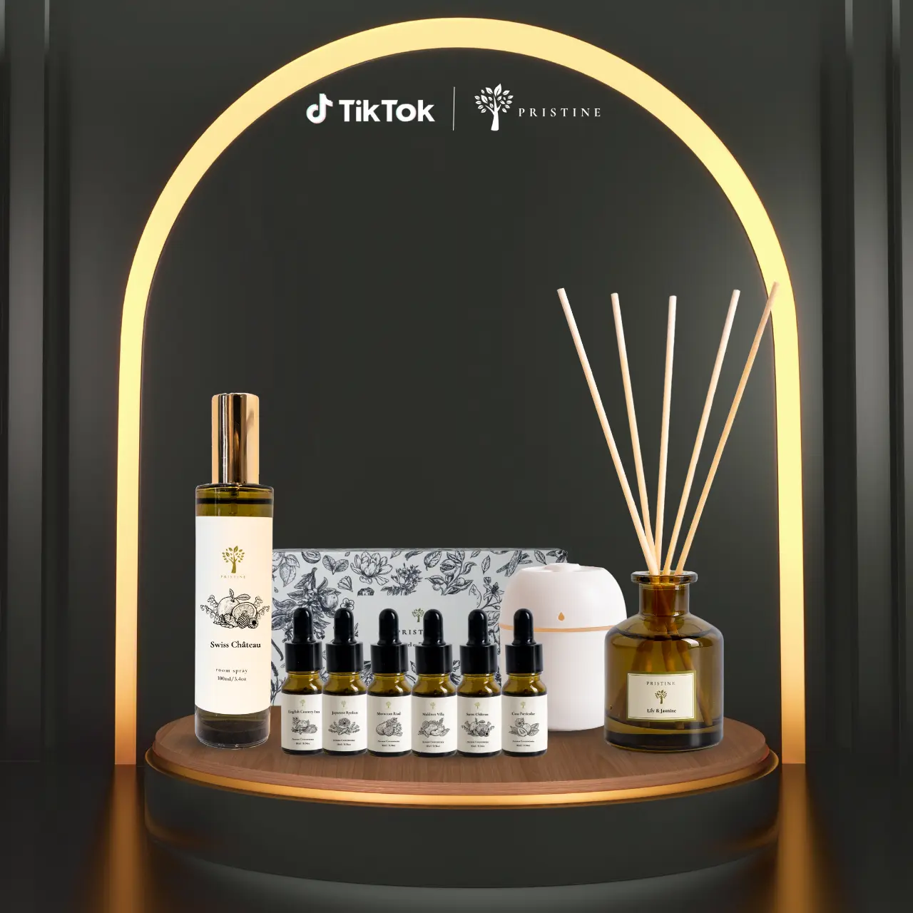 Pristine x TikTok Livestream Bundle | Reed Diffuser, Room Spray, 6-Pack Essential Oil Set
