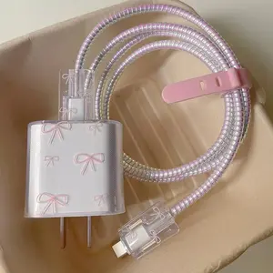 【COD】[Model Terbaru]Pita Pink Charger Protective Case Transparan Anti Folding Protective Case Cocok untuk IP