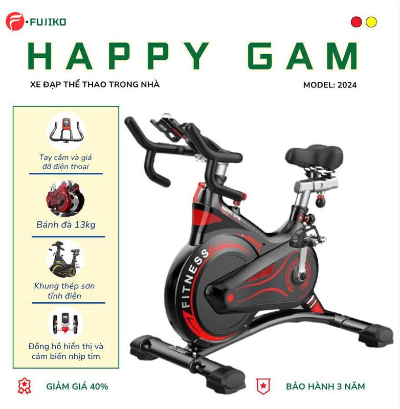 Xe đạp tập thể dục Happy Gam 2025 bánh đà kháng từ đồng hồ đo nhịp tim có kệ để Ipad điện thoại