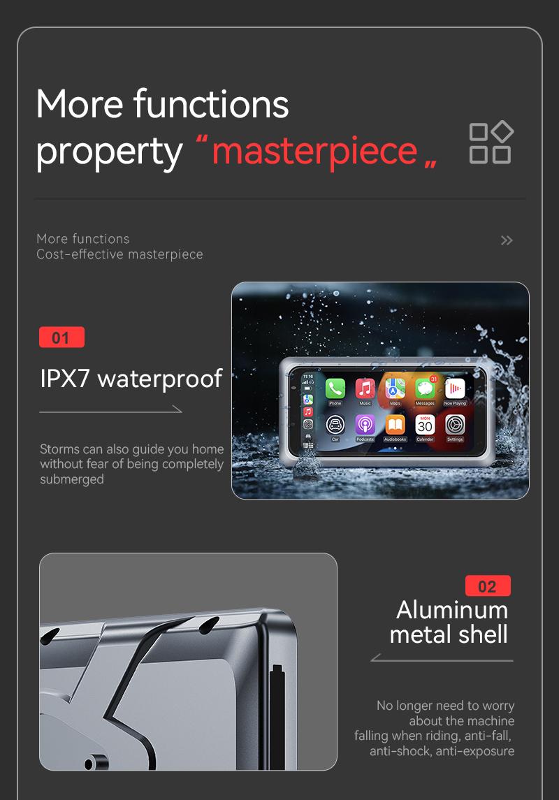 Product Introduction of M6 Motorcycle Portable GPS Navigation Dash Cam Recorder Wireless Apple Carplay Android Auto 6.25 Inch Touch Screen IPX7 Waterproof Tire Pressure System TPMS Metal body 28