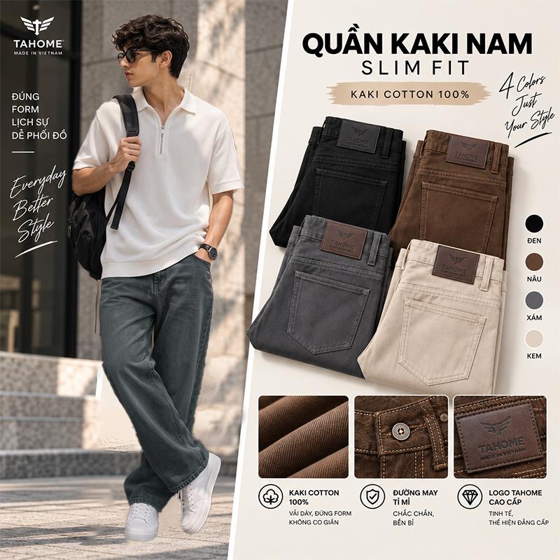 Quần Kaki Nam TAHOME Slim Fit Cotton 100% Vải Dày Không Co Giãn – Quần Nam Form Đứng Đen Nâu Xám Kem