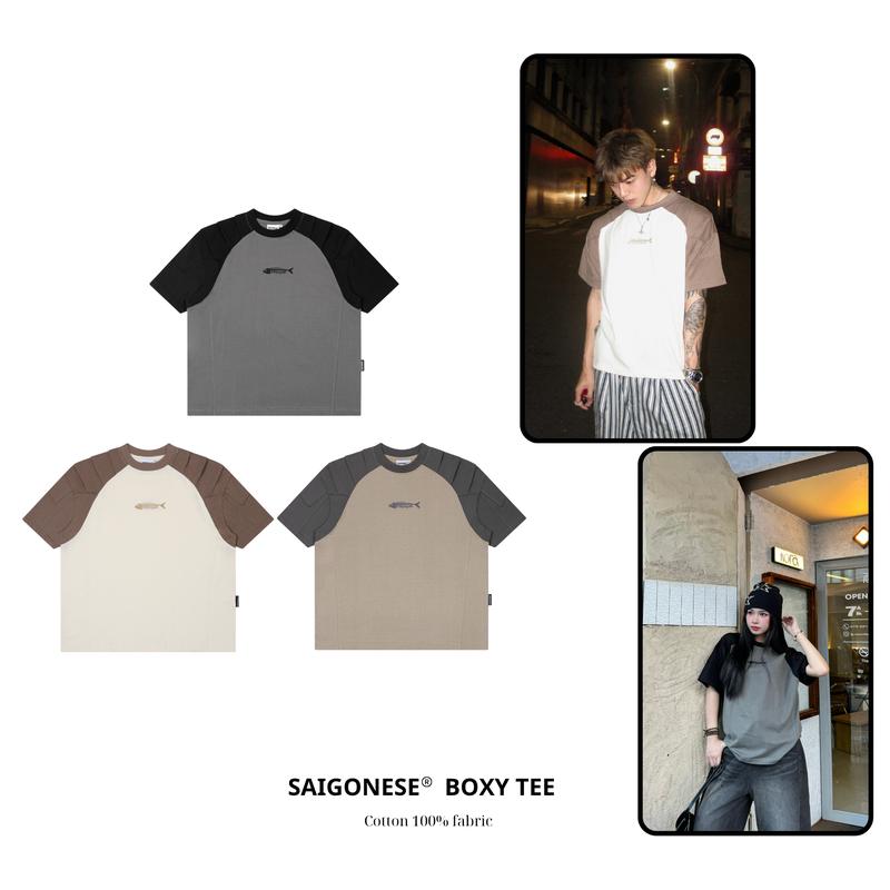 [ngưng tặng cài kim loại] SAIGONESE - Áo Thun Boxy Unisex Phối Tay Raglan Thêu Shark Form Rộng Thời Trang Nam Nữ