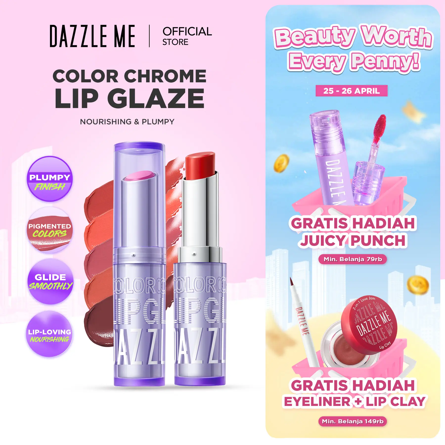 DAZZLE ME Color Chrome Lipglaze Glossy Lipstick Balm untuk memberikan Bibir Sehat dan Berpigmentasi Tinggi dengan Stain Tahan Lama