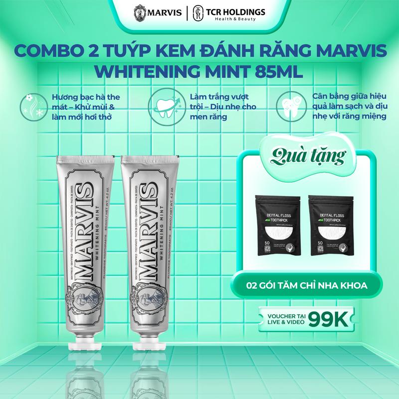 [QUÀ ĐỘC QUYỀN] Combo 2 Tuýp Kem Đánh Răng Marvis Whitening Mint Fullsize 85ml Hỗ Trợ Làm Trắng Răng Thơm Miệng Dài Lâu [IH]