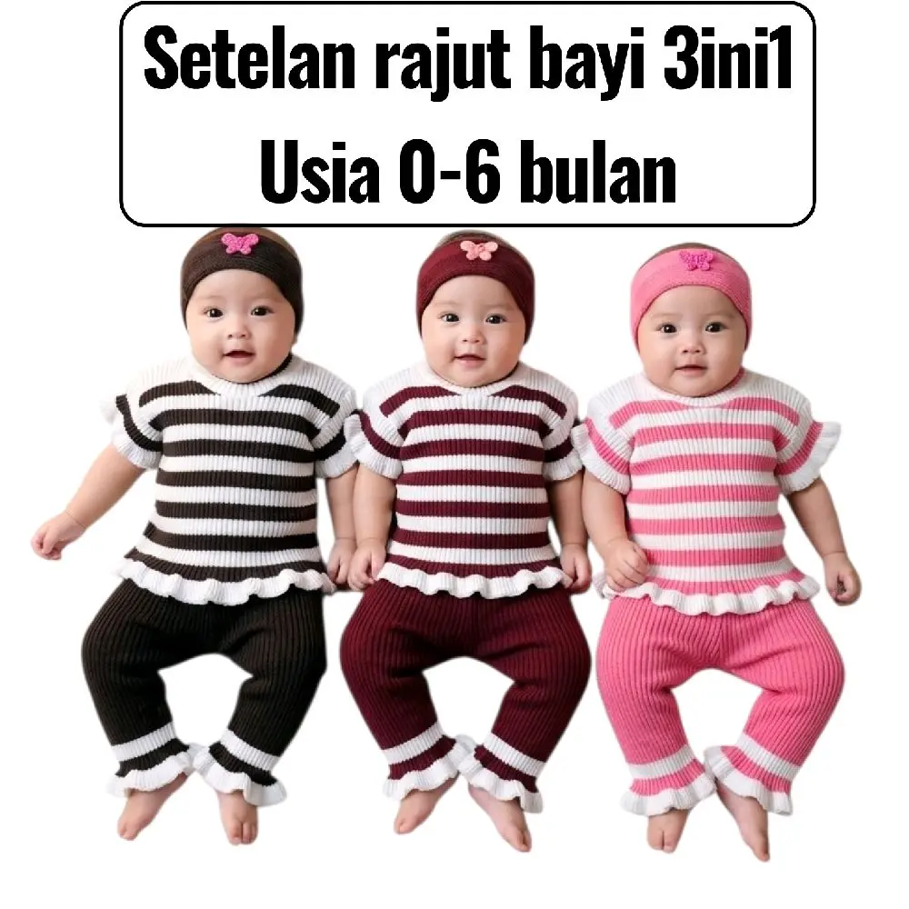 Setelan Rajut Bayi 3 in 1 Usia 0-6 Bulan Motif Salur Lengan Pendek Celana Panjang Bando Karet Parsel Lebar Dada 18cm Panjang Badan 22cm Celana 25cm SNI