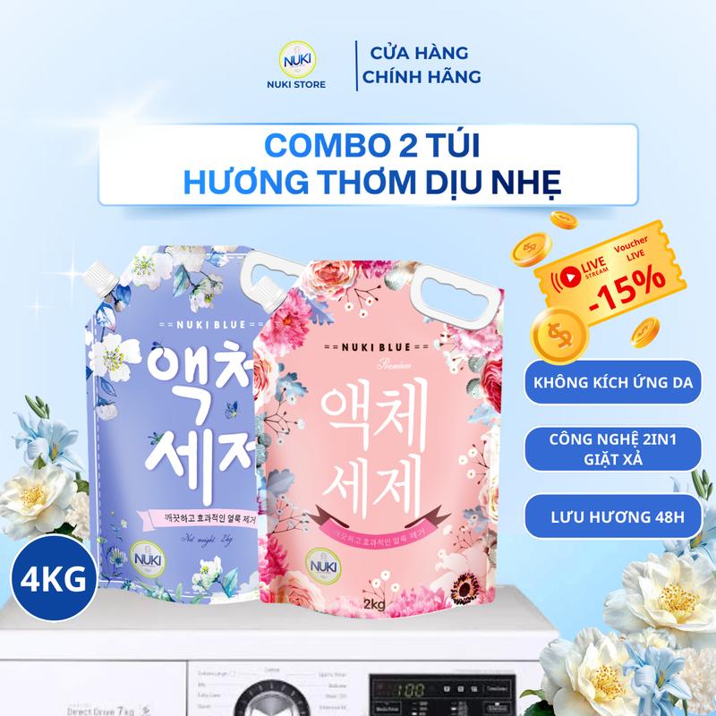 COMBO 2 Túi Nước Giặt Xả Nuki Blue Làm Sạch, Lưu Hương Dịu Nhẹ, An Toàn Cho Da