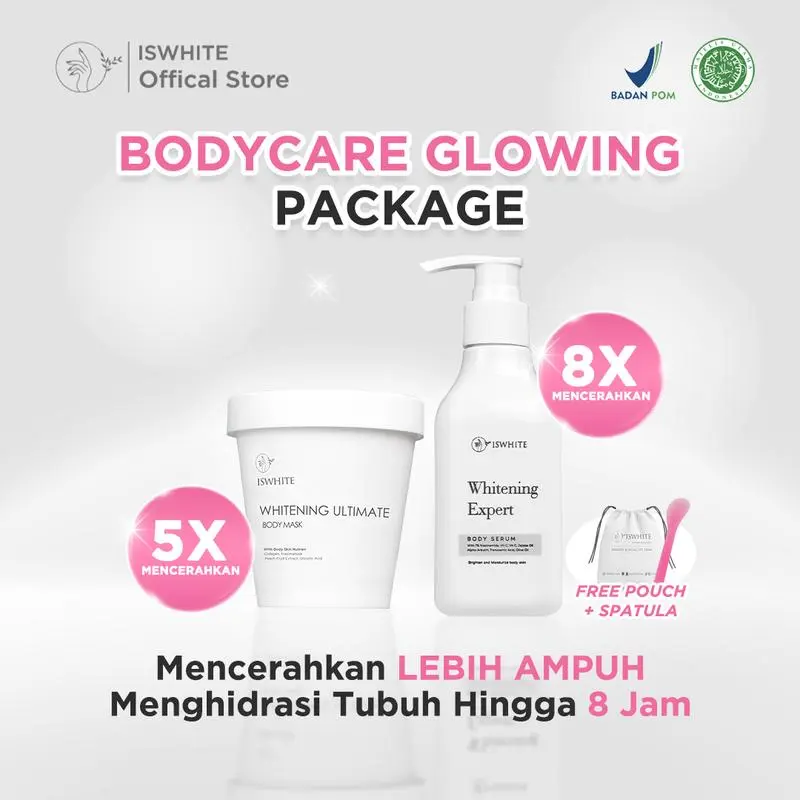 [GET FREE POUCH DAN SPATULA] ISWHITE Bodycare Glowing Package Body Mask Body Serum Pencerah Tubuh Lotion Peach Extract Niacinamide BPOM Mencerahkan