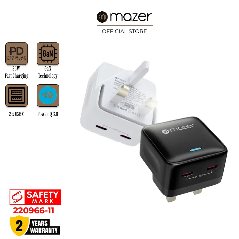 Mazer GaN 35W USB C Wall Charger, US and SG/UK Plug for Travel, with 2 Port, 2 USB C, Fast Charging for iPhones, iPads, Samsung Smartphones, Xiaomi, Oppo