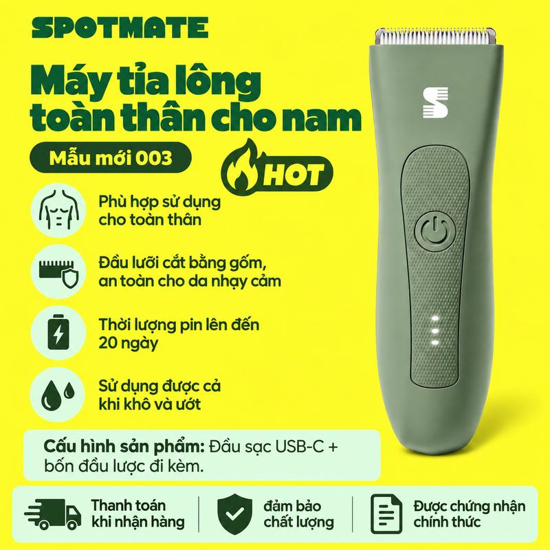 MANSPOT Máy tỉa lông cơ thể & vùng kín cho nam 4 trong 1 – lưỡi bằng gốm thân thiện với da, động cơ mạnh mẽ 7000 vòng/phút, chống nước IPX7, sạc IEC-C7, sử dụng được cả khi ướt và khô, thời lượng pin lên đến 20 ngày