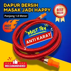 Selang LPG Baja Anti Karat 5 Lapis Modern Higienis Panjang 1.8 Meter Merah Anti Bocor & Tahan Lama