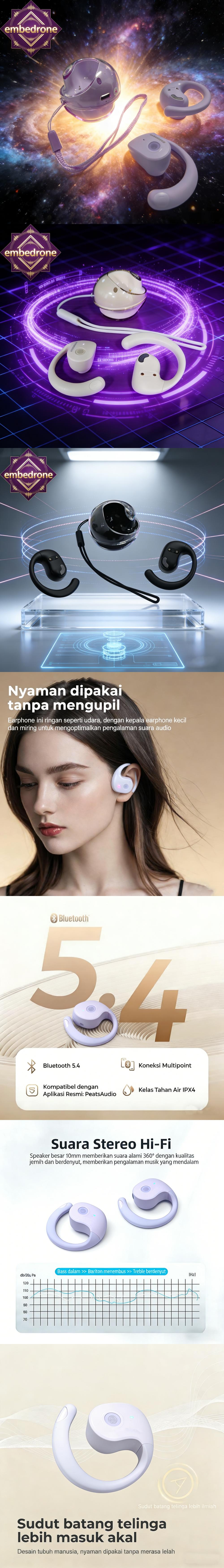 Headset Wireless On-Ear Embedrone KIA80 Edisi Baru 2026, Tahan Air dan Debu, Daya Tahan Baterai Lama, Stereo True Wireless (TWS), Bass Keras, Efek Suara Surround 3D, Cocok untuk Game/Telepon/Musik/Olahraga, Headset Bluetooth Wireless