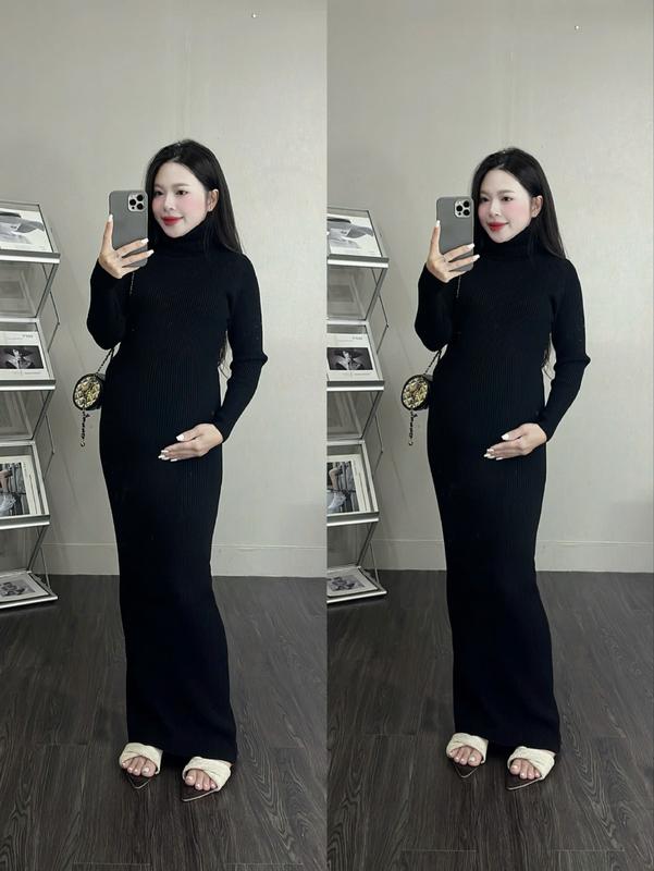 Mina clothing Váy body len CỔ LỌ len gân dài 135cm co dãn thời trang mẹ bầu mặc được mặc thu đông váy bầu