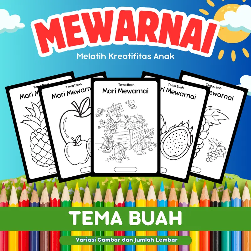 Desygma Kertas Mewarnai Tema Gambar Buah 50 Lembar A5 untuk Kreatifitas Anak PAUD TK SD 0