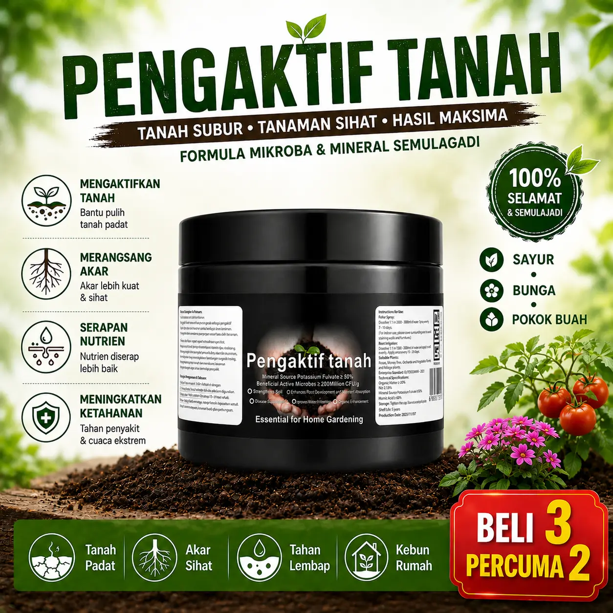 Pengaktif Tanah & Baja Mikrob Serbaguna - Memperbaiki Tanah, Meningkatkan Akar, Bunga & Buah untuk Tumbuhan Hijau, Pokok Buah, Bunga & Sayuran