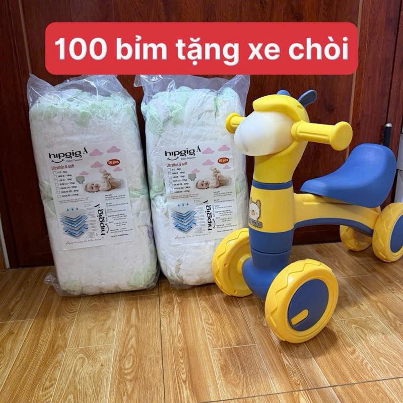   Combo 100 bỉm tặng quà xe chòi   Bỉm hipgig phom bo từ sơ sinh đến 4xl thấm từ 500-700 ml 