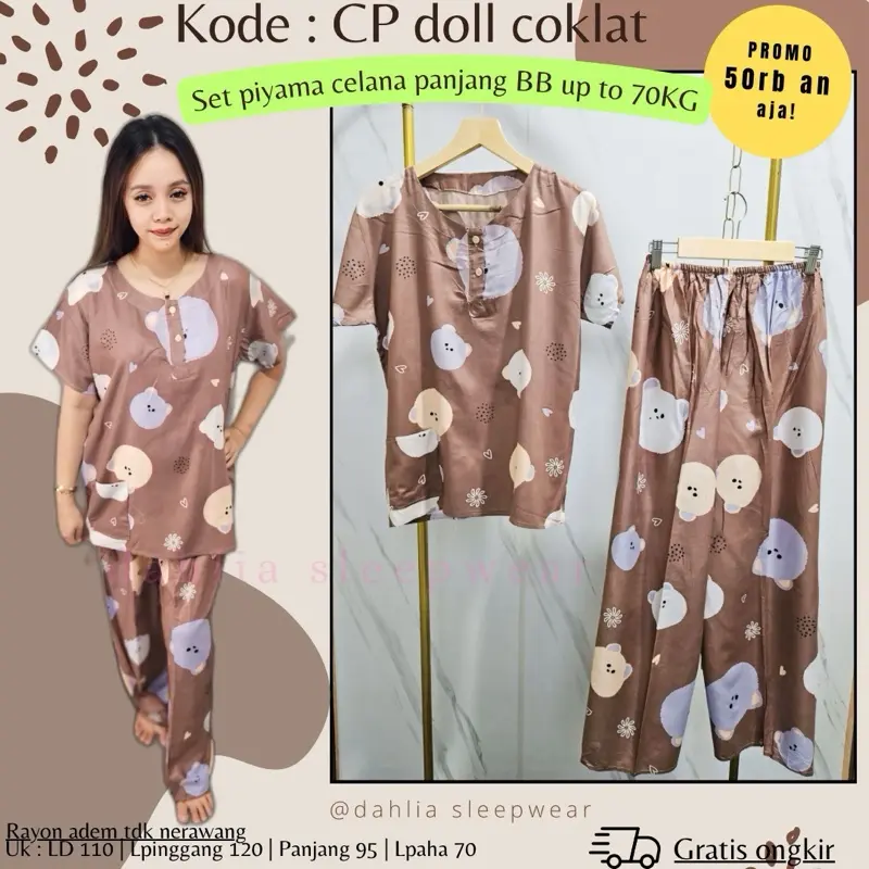 CP doll coklat + piyama pendek/panjang tulis warna